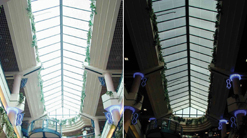 Image of SolaQuad Custom Skylights comparing daylight and nightime displays side by side
